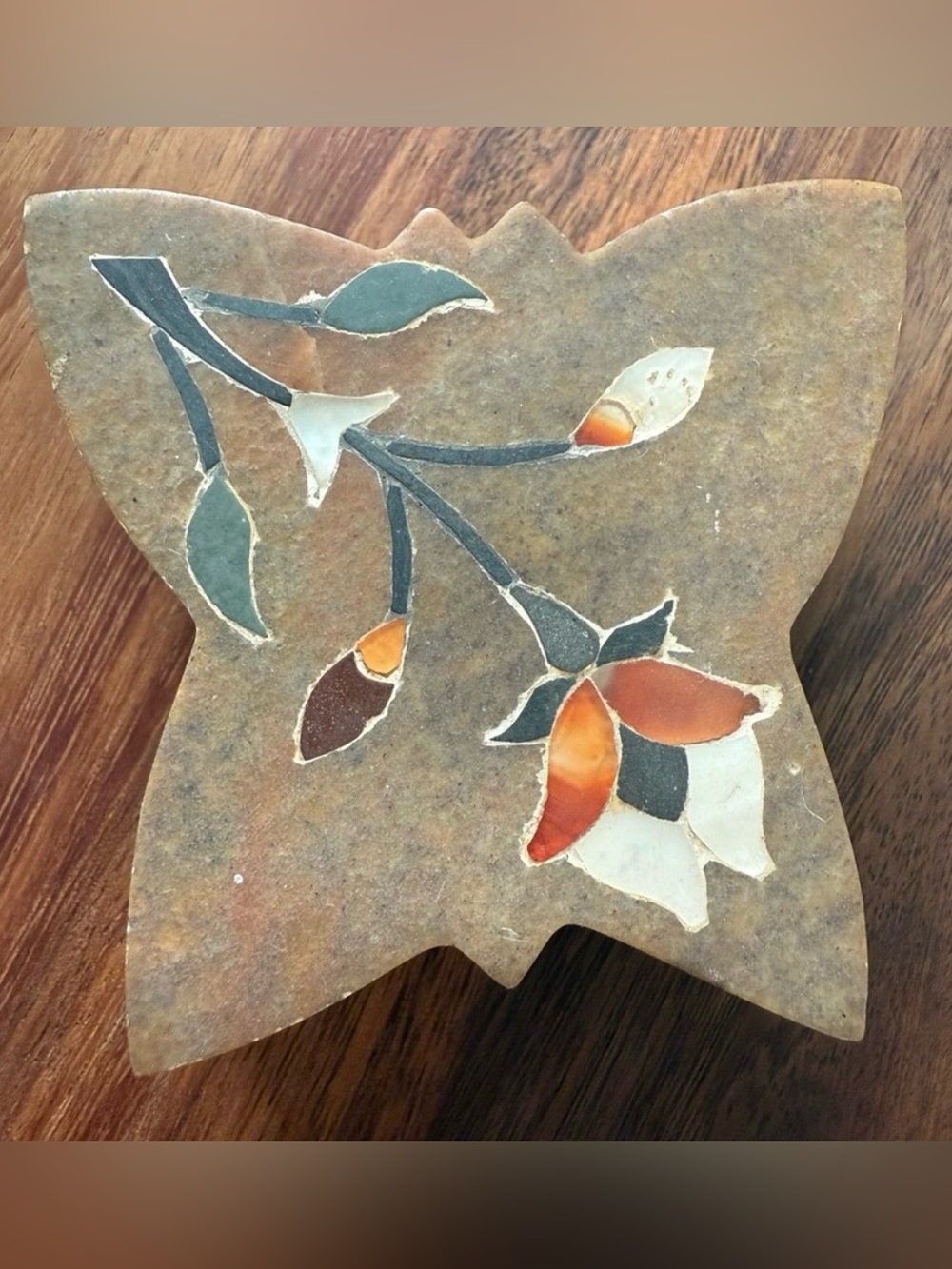 Vintage Soap Stone Butterfly Shape Flower Trinket Jewelry Box made in India